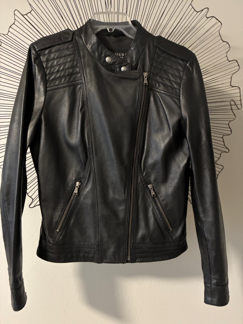 Guess Moto Jacket Genuine  Leather Black Size XL